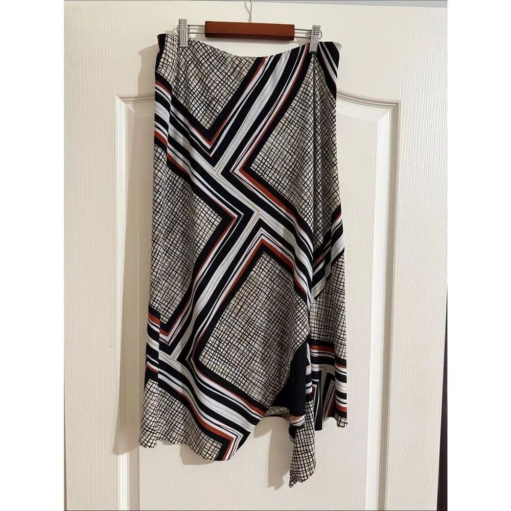 Vintage Donna Karan Asymmetric Geometric Print Midi Skirt - Black, White & Rust
